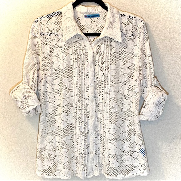 Flutterbye Crochet Button Up Collared Top - Sz Med - Picture 4 of 8